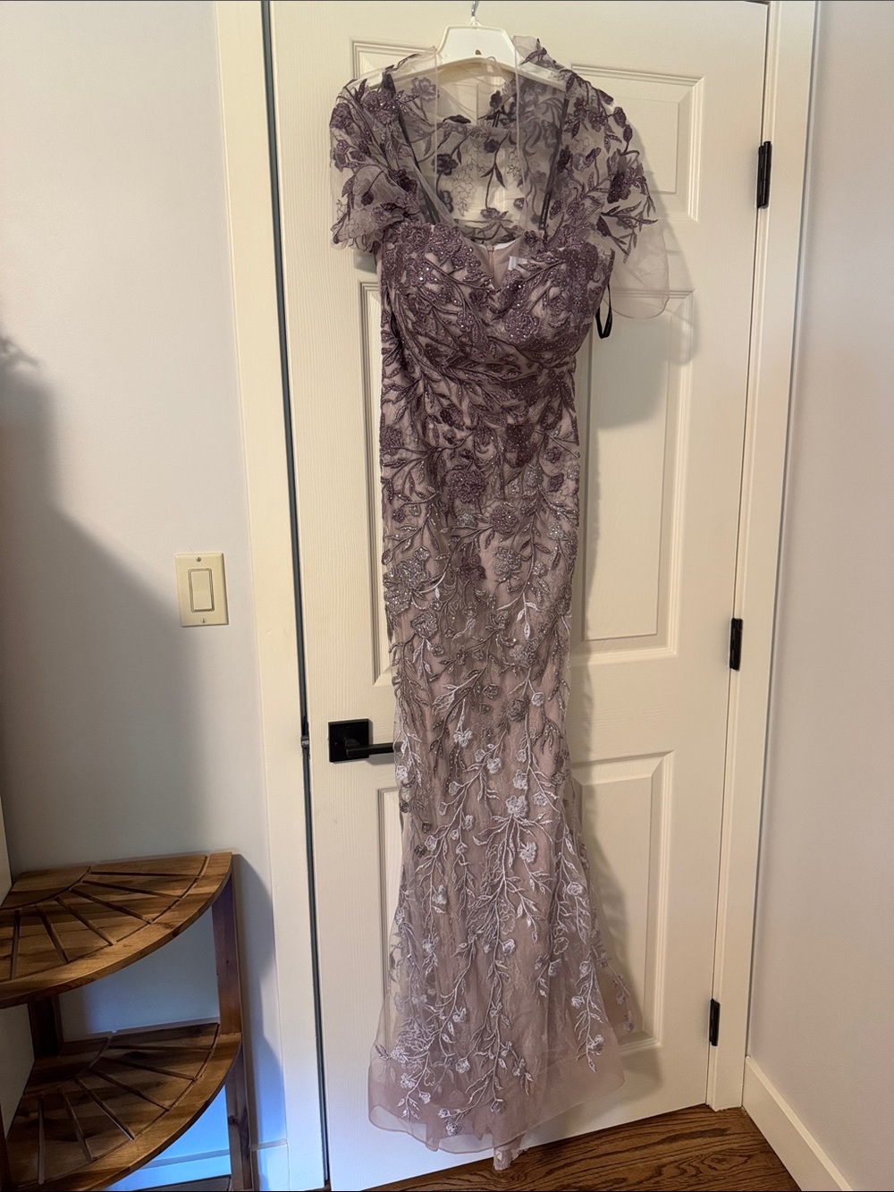 Embroidered Sheer Evening Gown in Dusty Lavender